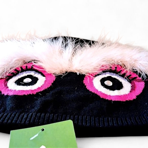 Kate Spade Monster Beanie Knit Hat Black Pink Faux Fur NWT - Picture 4 of 5